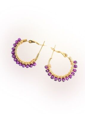 Gold-Tone Hoop Earrings with Purple Bead Detailing